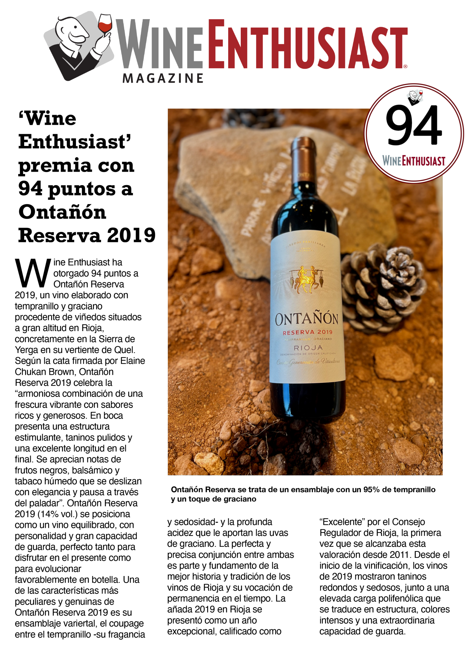 ‘Wine Enthusiast’ premia con 94 puntos a Ontañón Reserva 2019